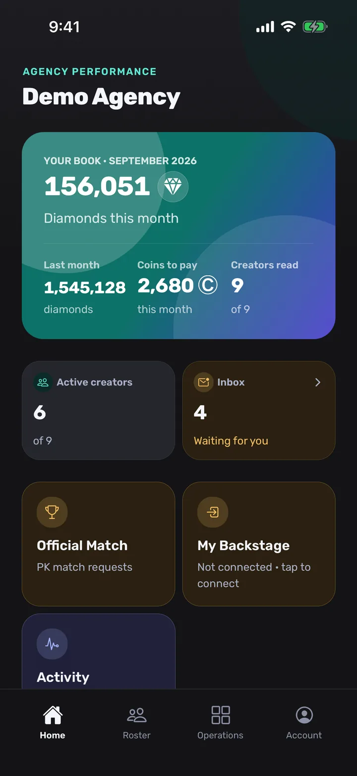 An agent's Home screen headed Your book: the diamonds this month for the creators on their own book, last month, the Coins the month comes to, and how many of their creators have been read.