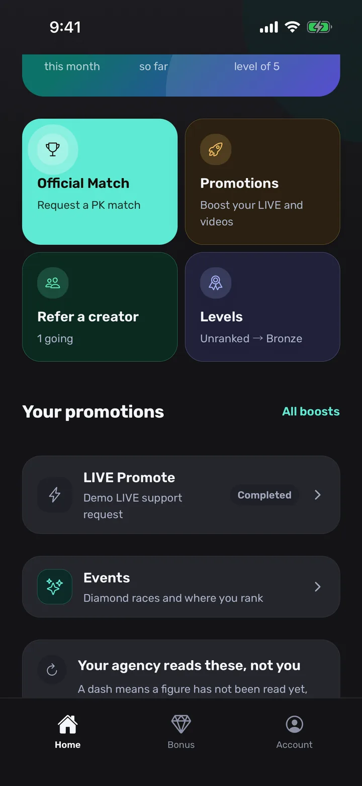 A creator's Home, scrolled: tiles for Official Match, Promotions, Refer a creator and Levels, then their promotions and events.