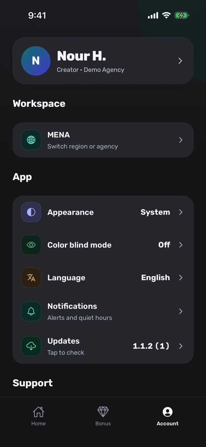 A creator's Account screen with workspace, appearance, colour-blind mode, language, notifications and updates.