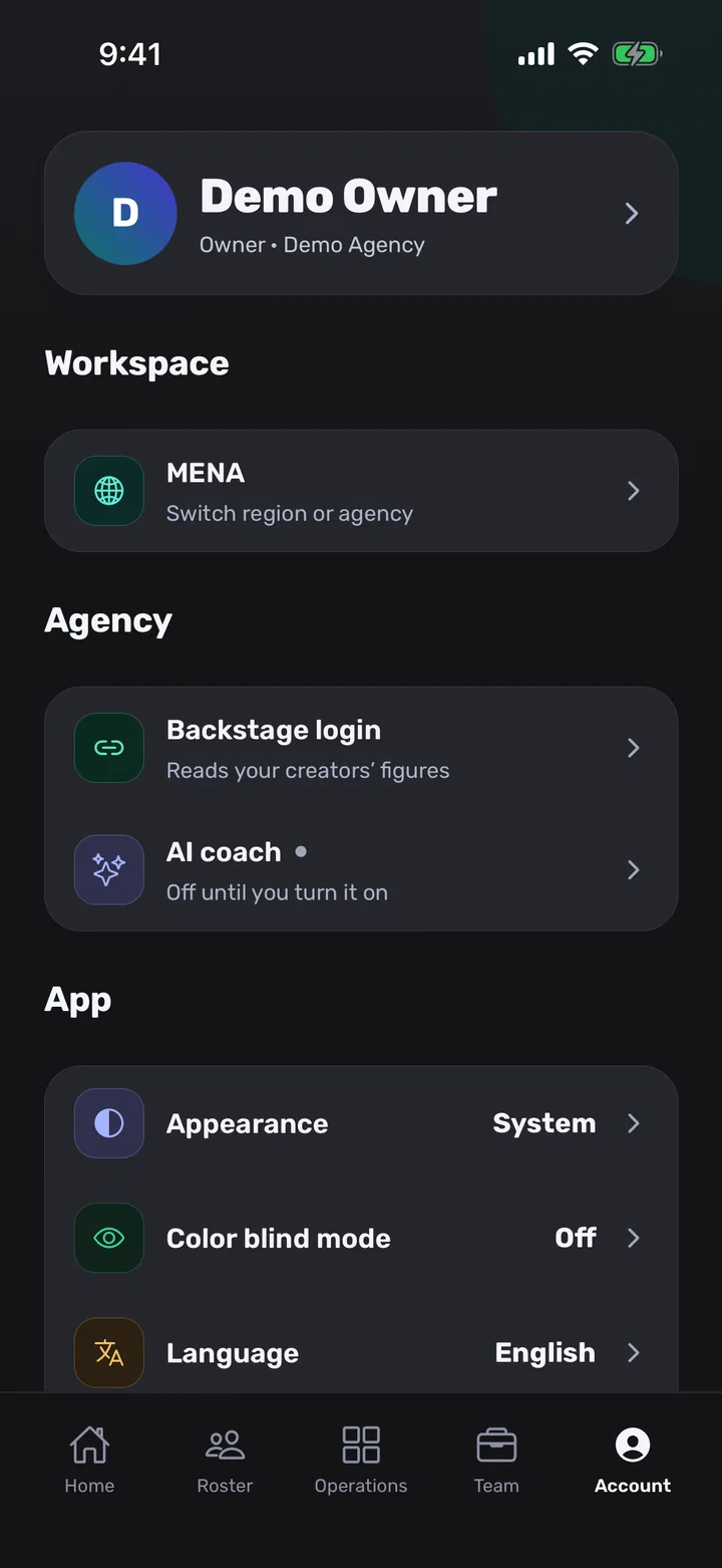 The owner's Account screen: workspace region, Backstage login, AI coach marked off until you turn it on, appearance, colour-blind mode and language.