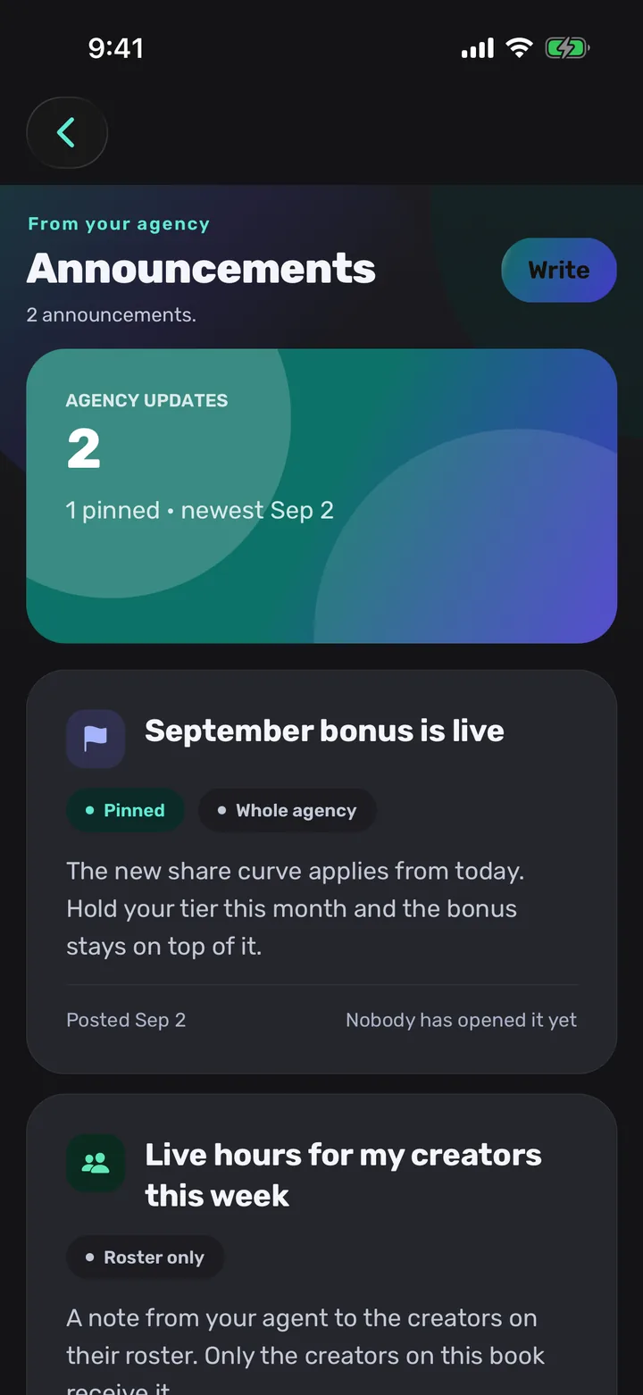 The Announcements screen: two agency updates, one pinned to the whole agency, with a line saying nobody has opened it yet.